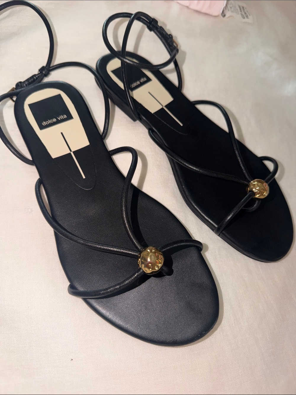 Dolce Vita Black Strappy Sandals with Gold Medallion